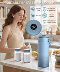 Portable Breast Milk Cooler Bottle With Digital Temp Display Keeps Nursing Bottles Fresh For Twenty Four Hours Using Swift Chill Cooling Tech No Sweat Design Blue on kitchen counter.