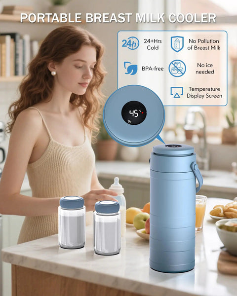 Portable Breast Milk Cooler Bottle With Digital Temp Display Keeps Nursing Bottles Fresh For Twenty Four Hours Using Swift Chill Cooling Tech No Sweat Design Blue on kitchen counter.