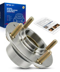 Rear Wheel Bearing Hub Assembly 4 Lug 1 Piece Direct Fit Replacement For Hyundai Elantra 2001 To 2006, Kia Spectra 2005 To 2009, And Spectra5 Models Keeps Your Ride Smooth, shown with box and instructions