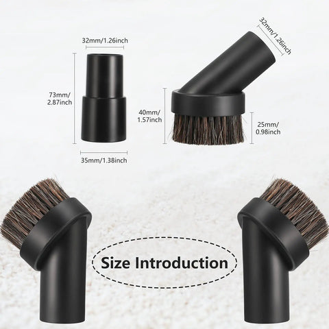 3 Pack 25 mm Vacuum Brush Heads With 1.25 To 1.38 Inch Hose Adapter, size and dimension guide on white background