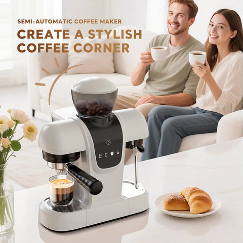 Top Shelf Daily Driver 20 Bar Espresso Machine With Built In Grinder And Power Steam Wand Dishing Out Killer Crema For Smooth Shot Pulls, with coffee being brewed.