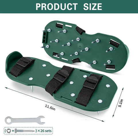 Heavy Duty Lawn Aerator Shoes With Upgraded Adjustable Buckle Straps For Deep Spike Aeration, showing product size and tool included