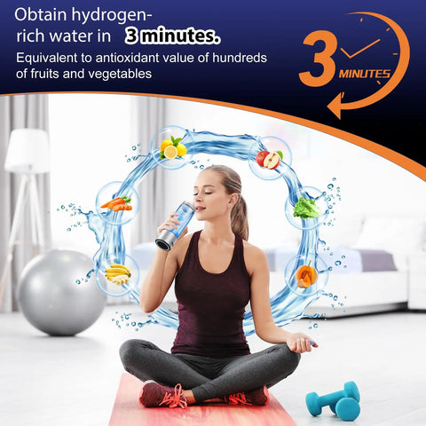 Woman meditating with Hydrogen Water Bottle Generator On The Go Portable Rechargeable Ionizer With SPE PEM Technology in living room.