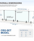 Dimensions of No Sweat Install 6 Panel Frameless Glass Deck Railing Kit With Top Shelf Stainless Steel Posts and Pre Cut Tempered Glass Panels.