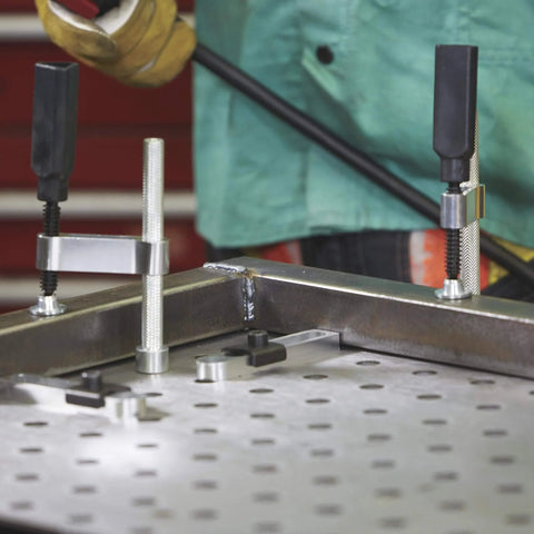 4 Piece Welding Table Clamp Kit With Lightweight Aluminum Frame And ABS Handle, setup on a 16mm hole table for secure hold