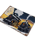 Retro Old School Winter Steam Train Station Tin Sign Metal Wall Decor Plaque For Home Cabin Living Room Entryway 8x12 Inch Locomotive Holiday Theme Durable Metal With Pre Drilled Holes For Easy Hanging, showing a winter scene with steam locomotives at a station.