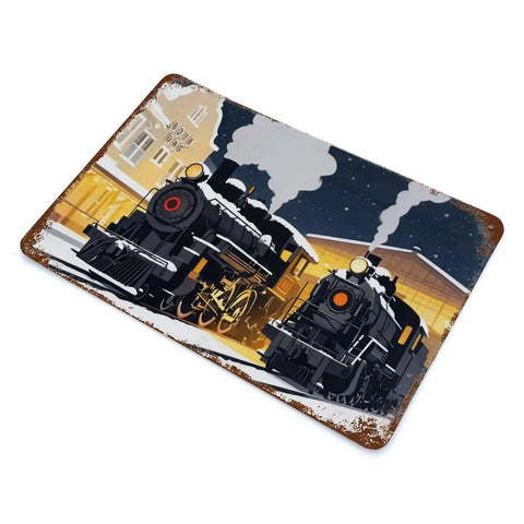 Retro Old School Winter Steam Train Station Tin Sign Metal Wall Decor Plaque For Home Cabin Living Room Entryway 8x12 Inch Locomotive Holiday Theme Durable Metal With Pre Drilled Holes For Easy Hanging, showing a winter scene with steam locomotives at a station.