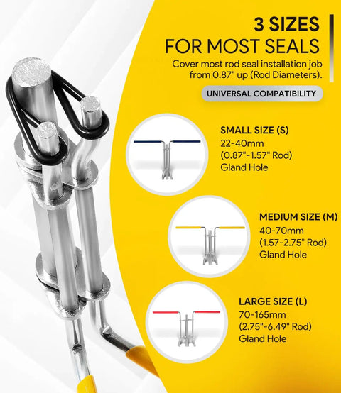 3 sizes of 5 Pack Hydraulic Seal Installation Tool Kit For Rod And U Cup Seals Pro Grade Heavy Duty Universal Piston Cylinder Repair Tools Upgraded Seal Twistor With Pick And Hook Three Size Rod Seal Tools For 0.87 To 2.75 Inch Diameters displayed.