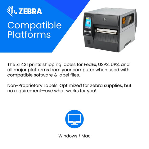 Badass Rugged ZT421 Thermal Transfer Printer For Shipping Labels Six Inch Wide At 203 Dpi With Color Touchscreen and wireless setup.