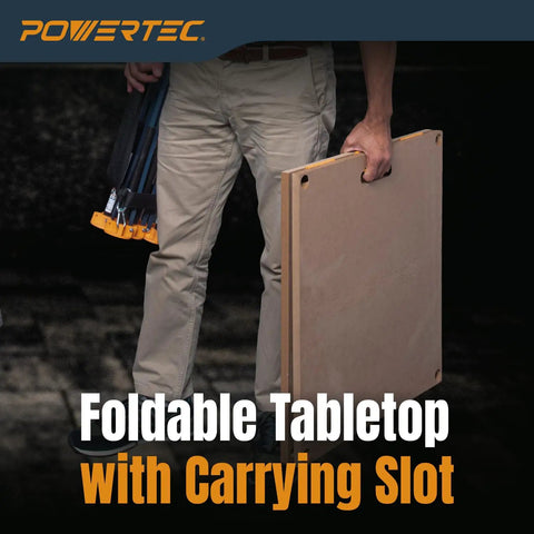Person carrying Foldable 24 X 48 Inch Workbench Tabletop With Carrying Bag Portable Woodworking Work Surface With Pre Drilled Dog Holes