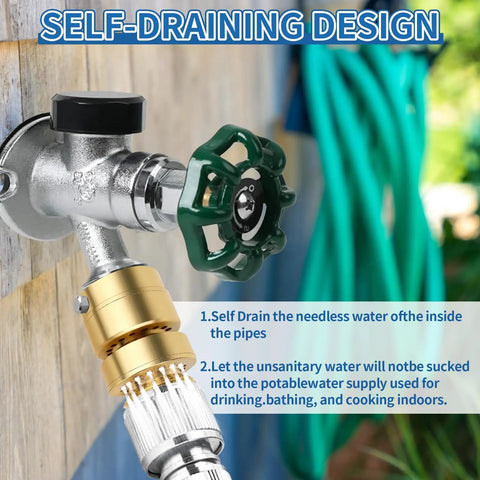 Lead Free Brass Self Draining Vacuum Breaker Adapter For Outdoor Faucets Three Quarter Inch GHT Female To Three Quarter Inch GHT Male Anti Siphon Backflow Preventer Hose Bib Spigot Replacement installed on outdoor faucet.