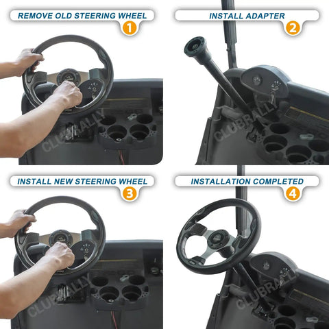 Steps for installing Top Tier Golf Cart Steering Wheel Adapter Compatible With Club Car Ds in matte black.