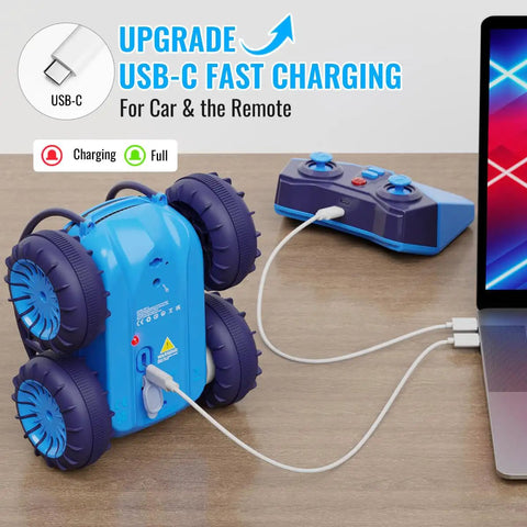 Amphibious Remote Control Car With Rechargeable Battery And Remote 360 Degree Flips 4WD All Terrain Stunt RC Toy charging via USB-C