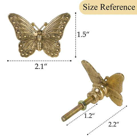 Close-up of 2 Pack Butterfly Cabinet Knobs In Gold Pewter With Delicate Wings And Lifelike Antennae showing measurements.