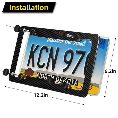 Sick Carbon Fiber License Plate Frame 2 Pack With Fasteners And Screws installation guide, showing dimensions of US plates.