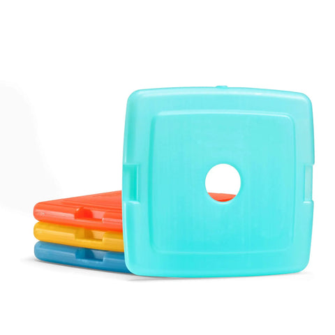 4 Pack Slim Ice Packs for Lunch Boxes and Coolers, Quick Freeze, Reusable and Durable, stacked multi colored set for easy storage.