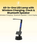All In One LED Desk Lamp With Bluetooth Speaker And Fast Wireless Charger USB Port, Clock And Temperature Display.