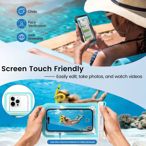 Person using 2 Pack IPX8 Waterproof Phone Pouches With Lanyards near pool, showing touch-friendly design and underwater phone view