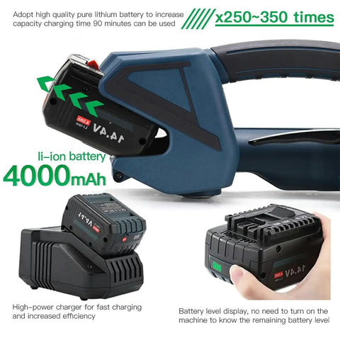 Handheld Electric Strapping Machine Portable Automatic Taping Tool With LCD Display for boxes with 4000mAh battery and charger.