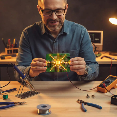 Man soldering LED Flowing Light Soldering Practice Board PCB DIY Kit EK1874 with Exploding Water Lamp Effect at workbench