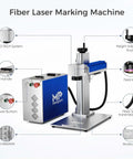 Front view of 30W Pro Grade Fiber Laser Engraver with dual cooling fans, power supply, panic button, Raycus core laser for metal and plastic engraving.