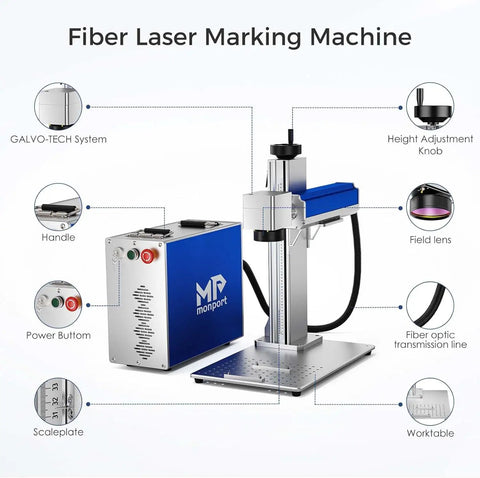 Front view of 30W Pro Grade Fiber Laser Engraver with dual cooling fans, power supply, panic button, Raycus core laser for metal and plastic engraving.
