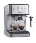 Top Notch Stainless Steel Espresso Machine With Built In Milk Frother For Killer Homemade Lattes And Smooth Cappuccinos Powered By Consistent Nine Bar Pressure And Zero Effort Auto Stop Settings Anytime, brewing two espressos.