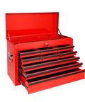 24 Inch Portable Metal Tool Box With Nine Ball Bearing Drawers And Slick Eva Linings For Sorted Gear Stash A Grab And Go Shop Ready Red Heavy Duty Workhorse For Garage Builds in open position showing drawers.