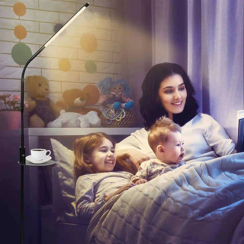 Family reading by Gooseneck LED Floor Lamp With Remote And Touch Control Dimmable From 5 Percent To 100 Percent Brightness.