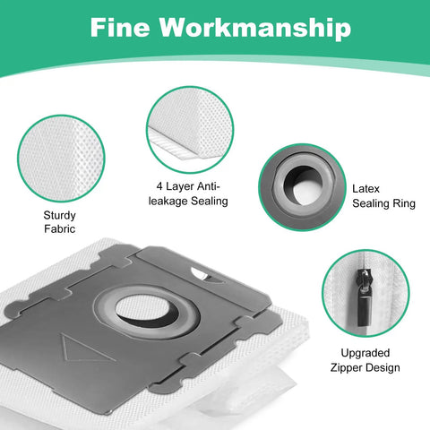 Reusable Roomba Vacuum Bags For Everyday Cleaning Compatible With I7 I7 Plus I3 I3 Plus I4 I4 Plus I6 I6 Plus I8 I8 Plus J7 J7 Plus S9 S9 Plus Automatic Dirt Disposal Bags 10 Pack showing fine workmanship details, sturdy fabric, 4-layer anti-leakage sealing, latex sealing ring, and upgraded zipper design.