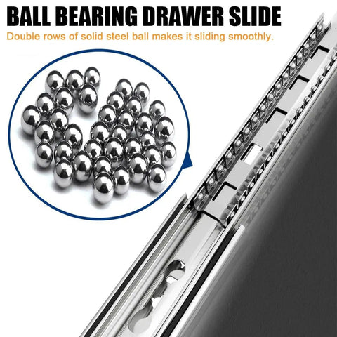 Undermount Drawer Slides One Pair 34 Inch Full Extension Ball Bearing Rails Quiet Side Mount Locking Glides Beefy Heavy Duty 500 Lb Capacity for Home Office RV Tool Box Garage, showing ball bearings and rail.