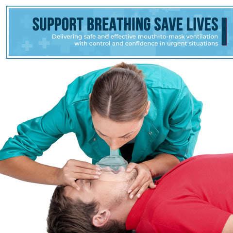 Primacare RS-6848 CPR mask kit: side view of clinician in teal scrubs applying resuscitation mask to adult patient