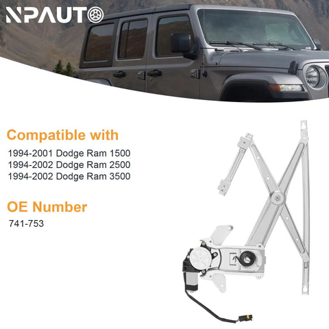 Dodge Ram Front Driver Side Power Window Regulator With Motor Replacement For 1994 To 2002 Ram 1500 2500 3500 Pickup Left Front Window Regulator Assembly OE 741 753, metal