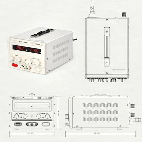 Bench Power Supply 0 To 30V 0 To 20A Variable DC Regulated Pro Grade Power Source dimensions and front panel layout