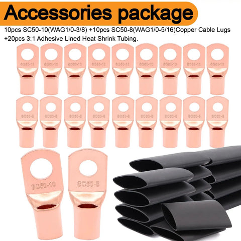 Straight Plug Zero Gauge CCA Battery Cable 40 Foot Spool With Top Shelf Crimp Lugs And Heat Shrink Tubing, copper lugs and heat shrink tubing set.