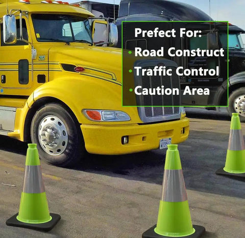 Heavy Duty 18 Inch Traffic Cones Set With 6 Inch Reflective Collars, Lime Green PVC Construction Cones For Home Driveway, Road Parking Or Job Site, Wind Resistant Weighted Base Keeps Them Standing In Any Weather