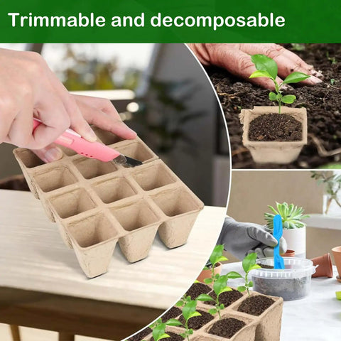 10 Pack Seedling Starter Trays With 120 Cells Biodegradable Germination Trays Plant Starter Peat Pots For Seedlings Eco Friendly Garden Grow Kit For Easy Home Gardening And Spring Planting shown in use with various seedlings.
