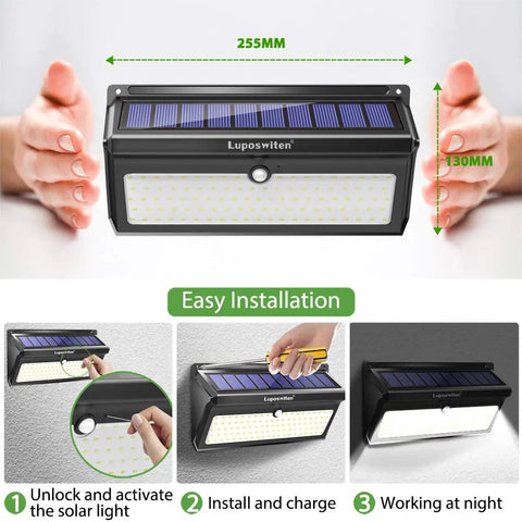 100 LED Solar Lights Outdoor Waterproof Super Bright 2000 Lumens Motion Sensor with 125 Degree Wide Beam Angle Easy Install Kit