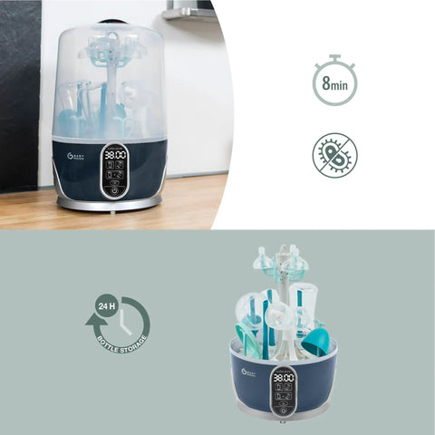Ultra Fast Steam Sterilizer And Dryer For Baby Bottles Pacifiers And Pump Parts With HEPA Drying on countertop with timer icons