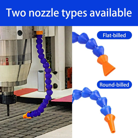 Rugged Shop Workhorse Machine Lubricator With Flexible Coolant Hose adjustable flow, showing flat-billed and round-billed nozzles.
