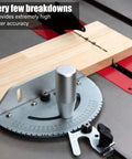 Heavy Duty Universal Miter Gauge For Table Saw And Router Table With 27 Dead On Precise Stops And 120 Degree Slick Cutting Range, showcasing high accuracy and stainless steel design.