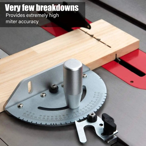 Heavy Duty Universal Miter Gauge For Table Saw And Router Table With 27 Dead On Precise Stops And 120 Degree Slick Cutting Range, showcasing high accuracy and stainless steel design.