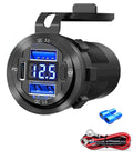 Front view of Beefy 12V USB Car Socket With 3 Ports Waterproof Round Aluminum Lighter Outlet showing digital display and wiring