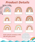 Rainbow Cutouts For Classroom Decor, 45 Pcs Boho Rainbow Name Tags With 100 Glue Dots shown with size details on pink background
