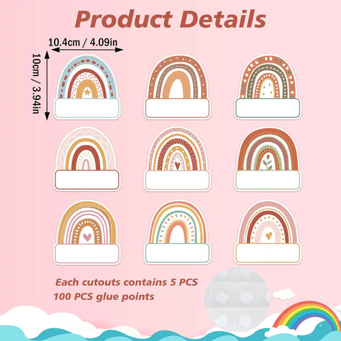Rainbow Cutouts For Classroom Decor, 45 Pcs Boho Rainbow Name Tags With 100 Glue Dots shown with size details on pink background