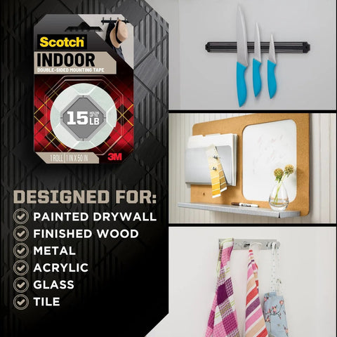 Indoor Double Sided Mounting Tape 1/2 Inch By 80 Inch With Industrial Strength Adhesive For Painted Surfaces, 3M logo and applications
