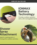 IONMAX Battery Technology with 24V rechargeable battery; shower spray attachment for rinsing, displayed with Cordless Electric Pressure Washer With 24V Battery, Charger, And Adjustable Nozzle, 1.5 GPM, 90W Motor, Portable Heavy Duty Cleaner For Patios, Decks, Driveways, And Cars, IONMAX WA24C-LTE.