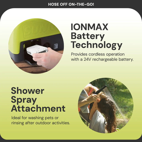 IONMAX Battery Technology with 24V rechargeable battery; shower spray attachment for rinsing, displayed with Cordless Electric Pressure Washer With 24V Battery, Charger, And Adjustable Nozzle, 1.5 GPM, 90W Motor, Portable Heavy Duty Cleaner For Patios, Decks, Driveways, And Cars, IONMAX WA24C-LTE.