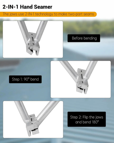 Dual jaw Two In One Standing Seam Roofing Hand Seamer Tool for metal roof panel bending and seaming, shown in use at 90° and 180° angles.