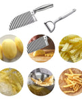 Crinkle-cutter knife with wavy blade and vegetable peeler; stainless steel 2-piece kitchen set for vegetables and fruits